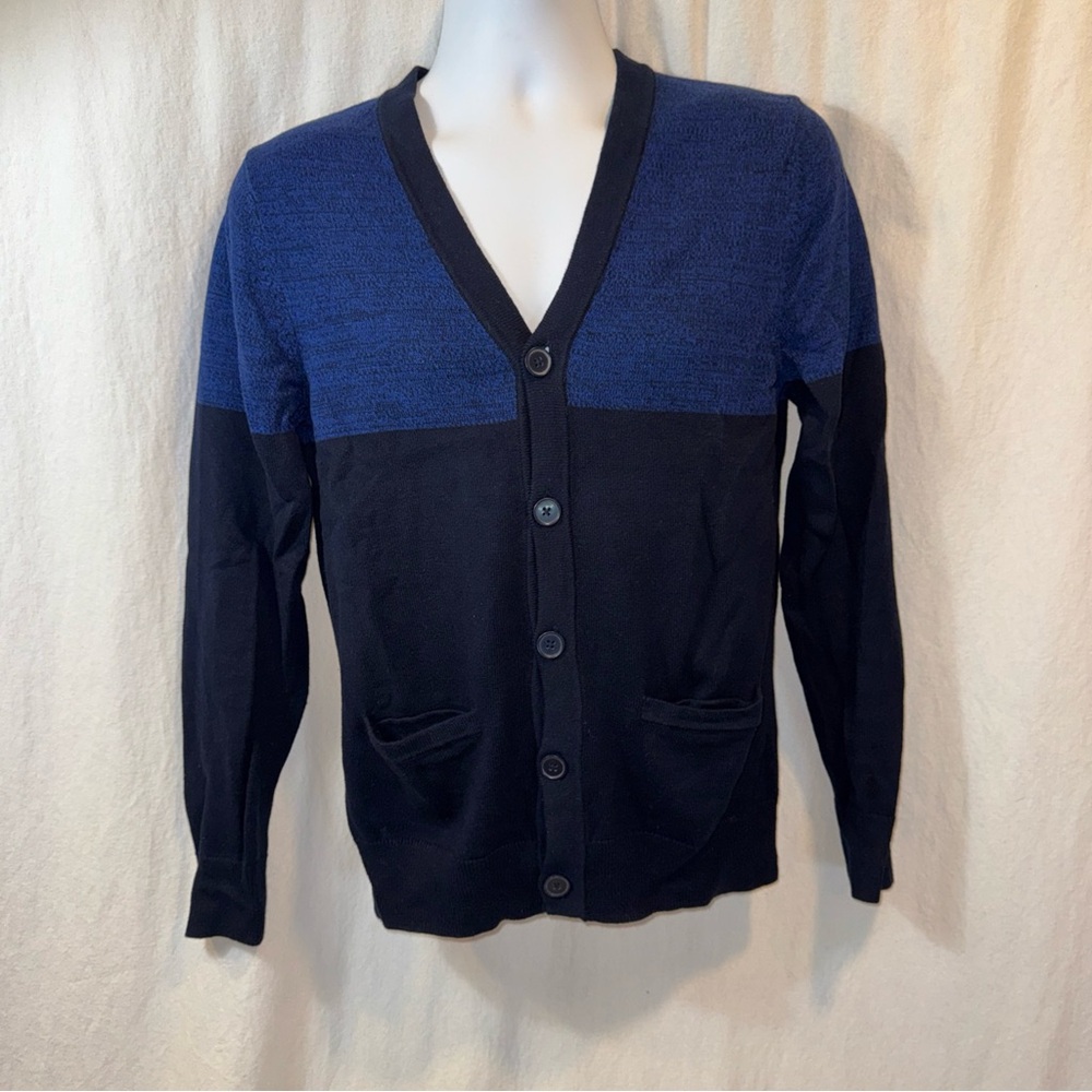 Gently Used Men’s Express Cotton Colorblock Blue Cardigan Sweater Size Small